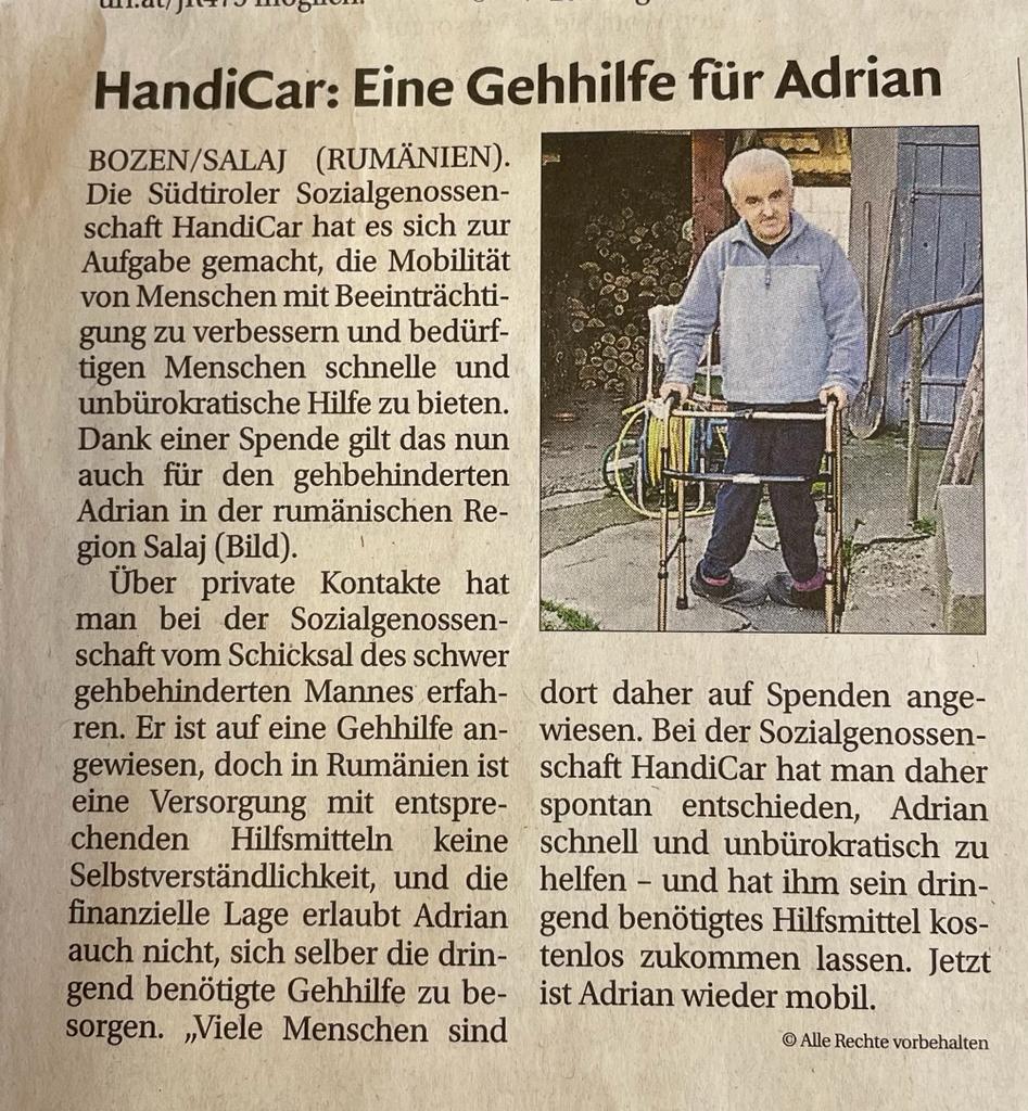 Tageszeitung Dolomiten: Eine Gehhilfe für Adrian